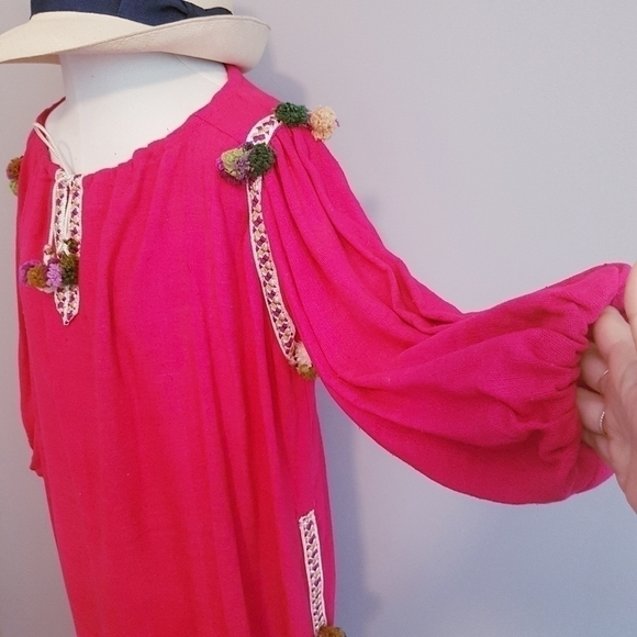 Handmade Pink Silk Ethnic Boho Pom Pom Tunic Dress - M - Picture 5 of 9